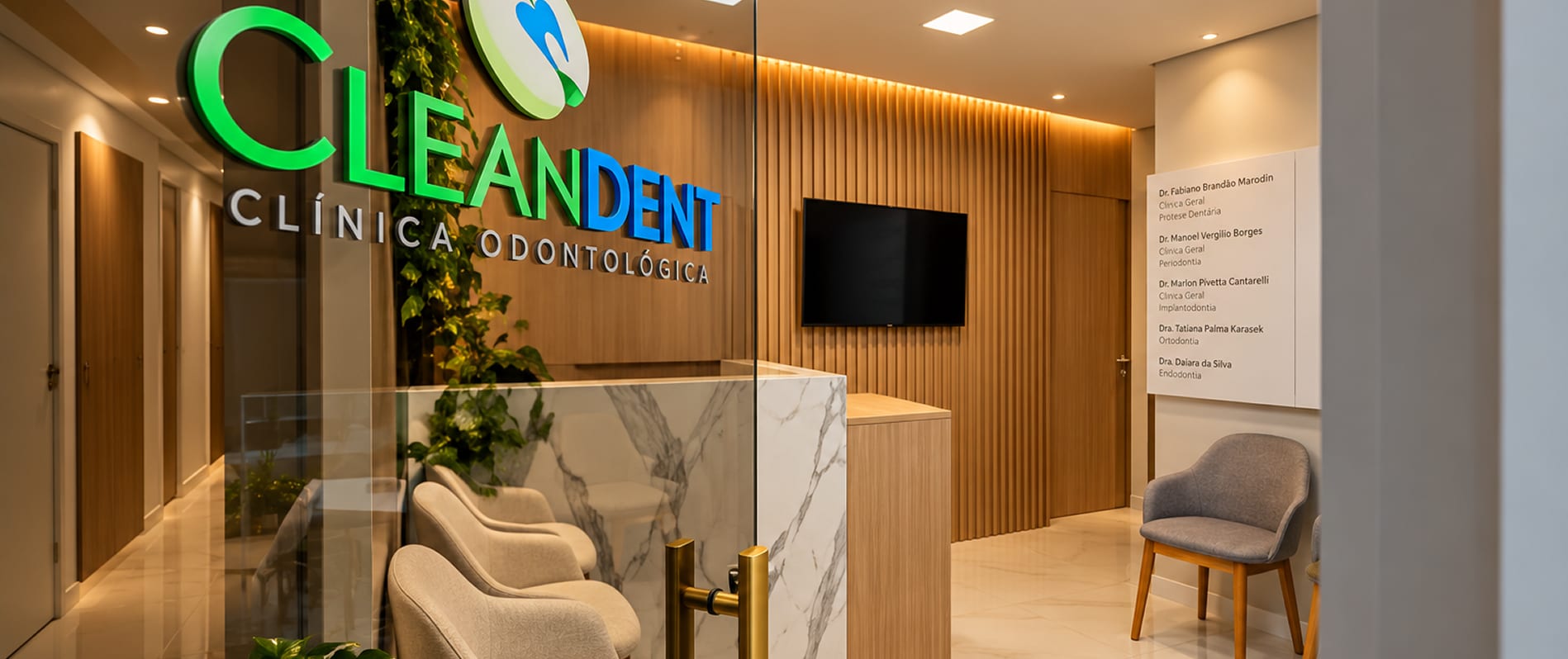 Entrada da CleanDent no Kennedy Towers, com o logo aceso e a recepção